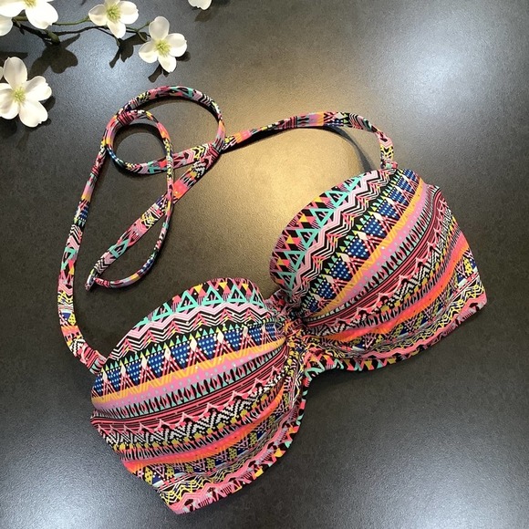 Victoria’s Secret The Flirt Bandeau Halter Bikini Top Neon Southwestern Metallic - Picture 1 of 16